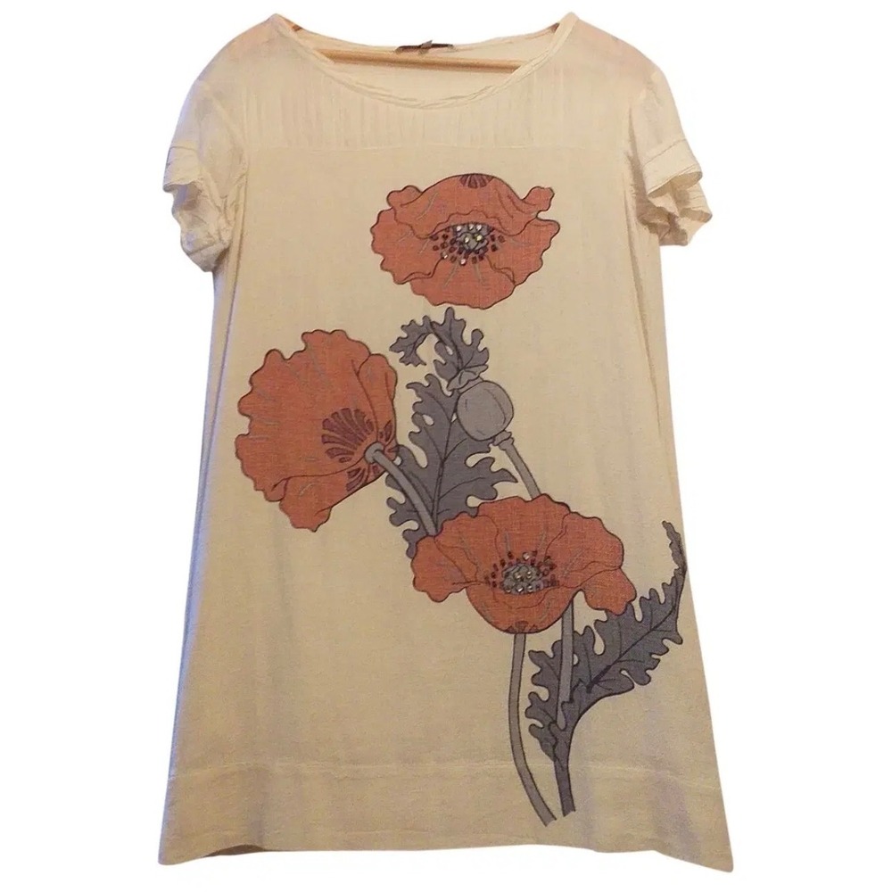 Maje Linen Poppy Floral Rhinestone Sz L Shift Dress Cream coastal euro summer